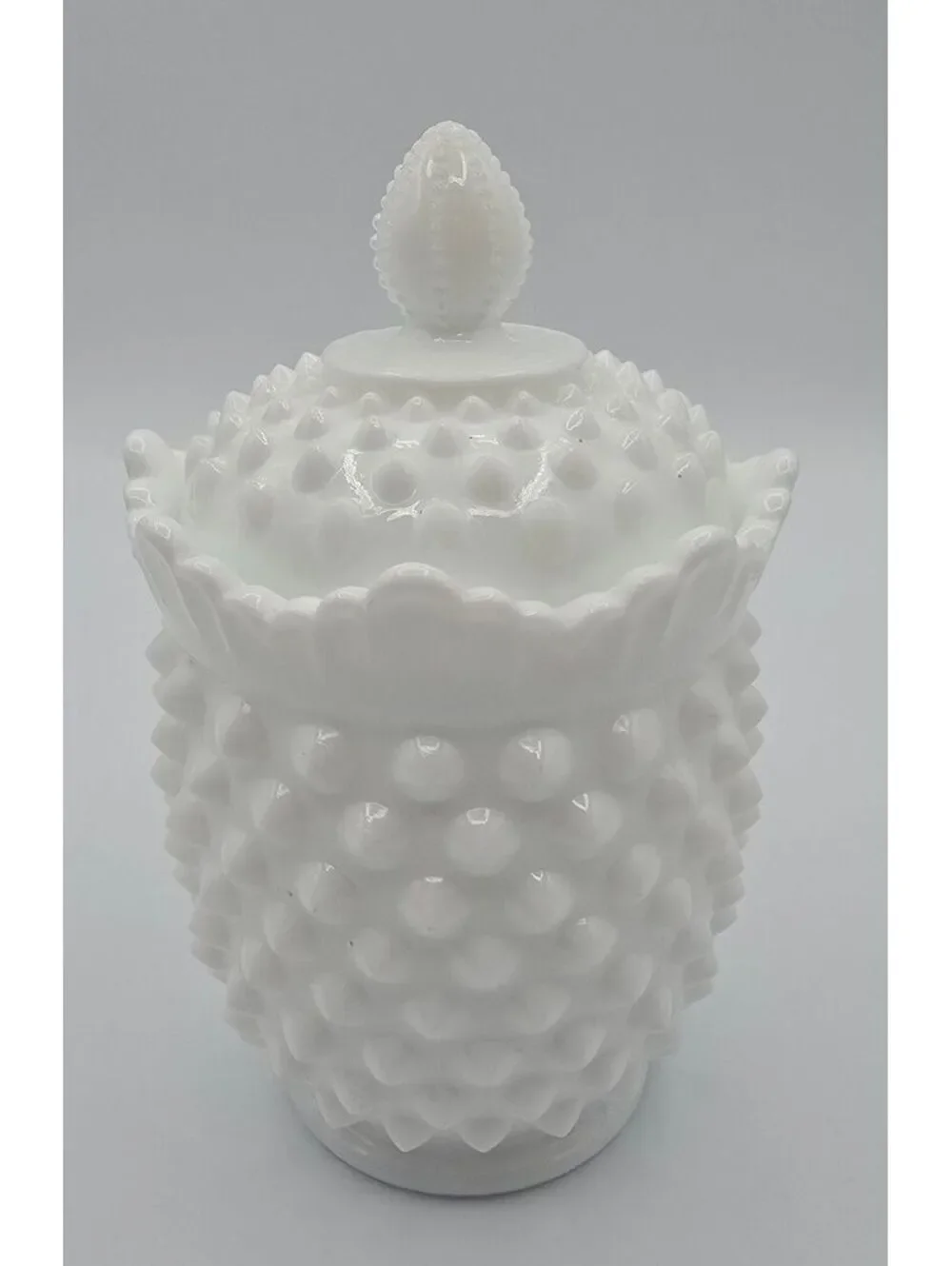 Vintage Fenton White Milk Glass Hobnail Lidded Jar with Finial MCM